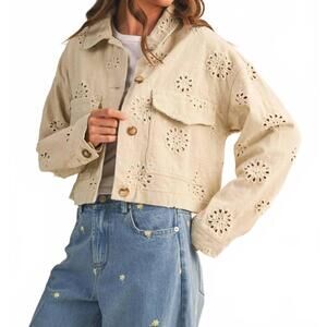 NEW KLESIS eyelet twill cropped trucker jacket in cream